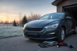 Auto připravené na zimu se škrabkou, dekou a startovacími kabely