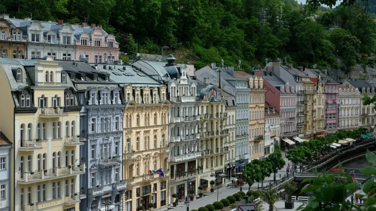 Domy v lázeňském centru Karlových Varů pod zalesněným svahem.