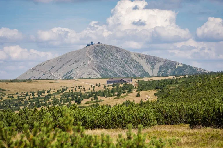 Pohled na vrchol Sněžky nad krkonošskou krajinou.