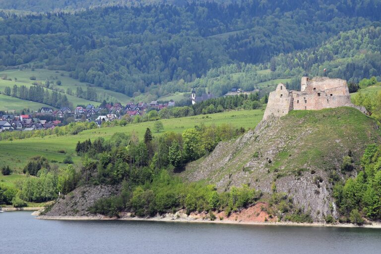 Kamenné ruiny Czorsztynu na výběžku nad jezerem a horskou krajinou