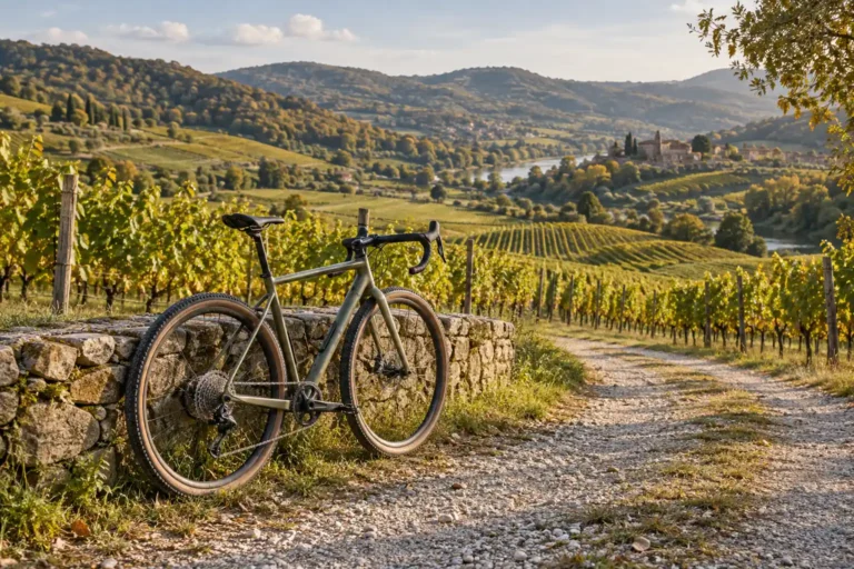 Kolo na cestě mezi vinicemi; AI ilustrace, nikoli fotografie konkrétního úseku Giro del Vino 50.