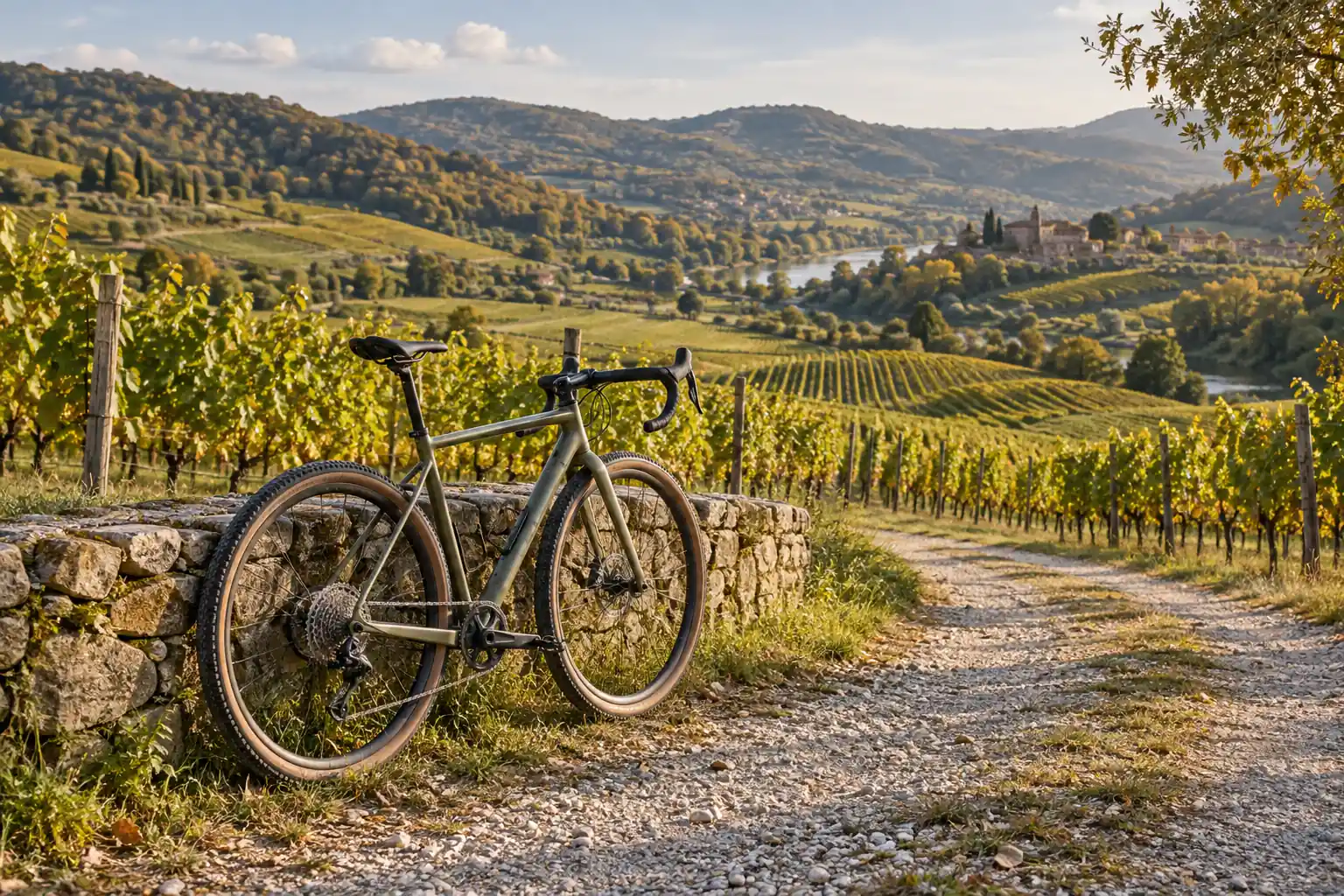 Kolo na cestě mezi vinicemi; AI ilustrace, nikoli fotografie konkrétního úseku Giro del Vino 50.