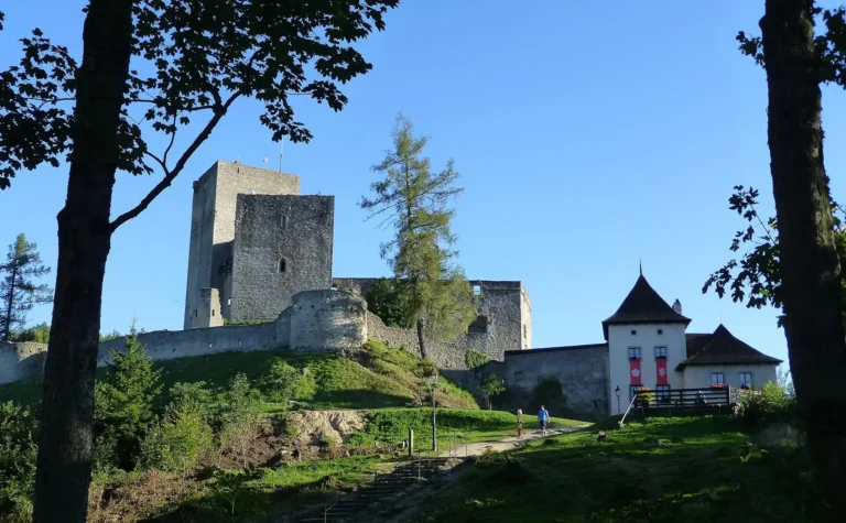 Hrad Landštejn s věží a vstupním areálem při pohledu z přístupové cesty.
