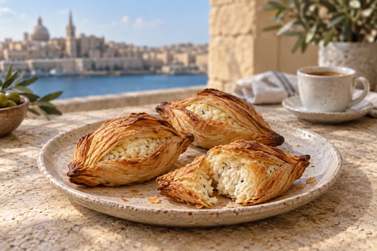 AI ilustrace maltských pastizzi s ricottou; nejde o fotografii konkrétní restaurace.
