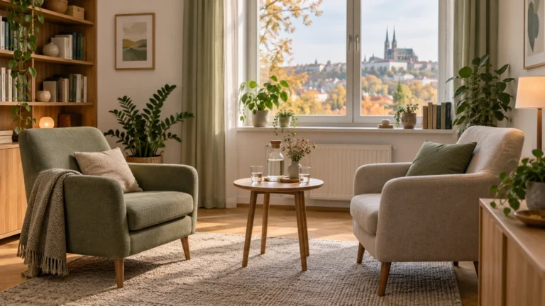 AI ilustrace klidné konzultační místnosti se dvěma křesly; nejde o fotografii konkrétní brněnské ordinace.