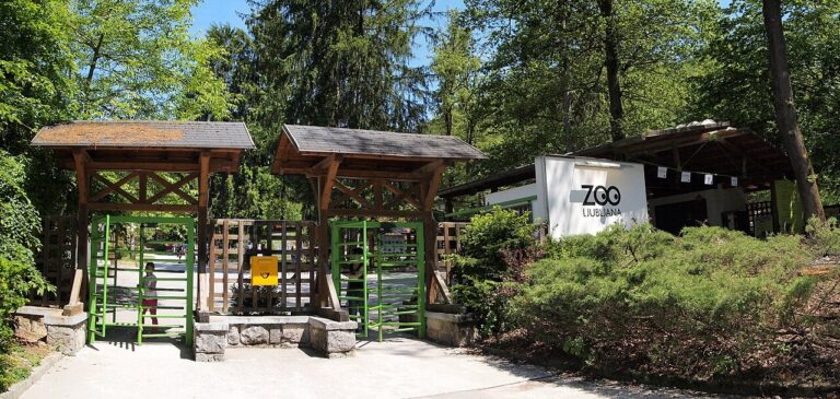 Zelená výstupní brána Zoo Lublaň s dřevěnými přístřešky
